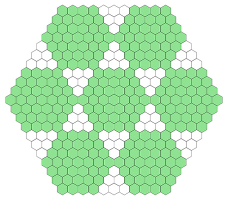 Hexagonal regions touching at their corners only